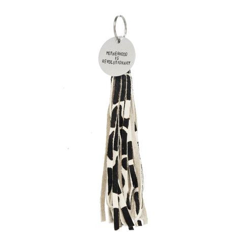 COW HAIR ON LEATHER TASSEL WITH TAG - The REBEL Tribe - nouns, statement, accessories, black n white, motherhood, mother's special, gift for mother,  mother's day, outerwear, tag, keychain