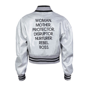 NOUNS BOMBER JACKET - The REBEL Tribe - Jacket, nouns, statemnet nouns, mother's special, silver, faux leather, genuine, durable, bomber, embroided, ribbed details