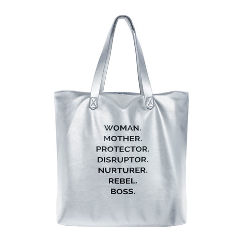 NOUNS MAMA TOTE - The REBEL Tribe - bag, graphic, silver, faux, leather, genuine, motherhood, mother's special, nouns, statement noun, durable, tote mama, handles