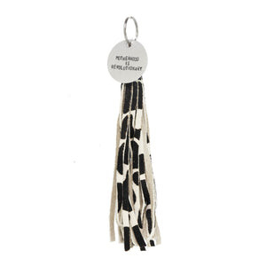 COW HAIR ON LEATHER TASSEL WITH TAG - The REBEL Tribe - nouns, statement, accessories, black n white, motherhood, mother's special, gift for mother,  mother's day, outerwear, tag, keychain